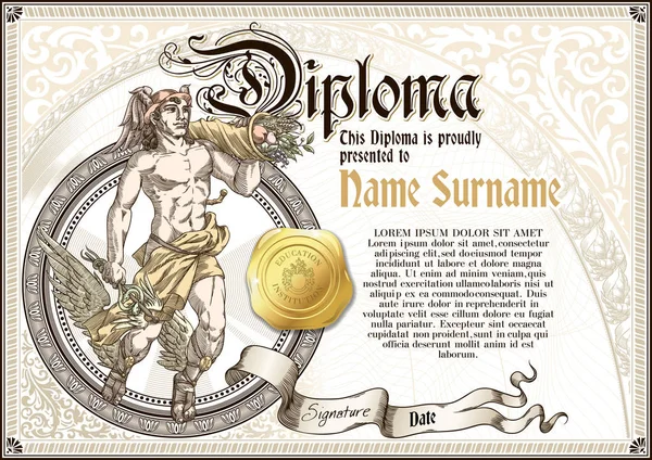 Plantilla de Diploma vintage con dios Hermes, con insignia dorada y viñetas — Vector de stock