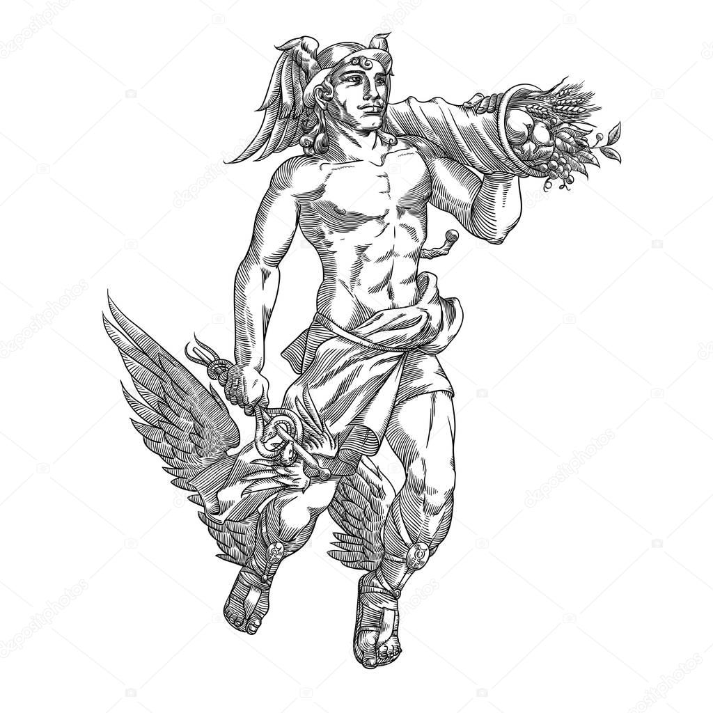 Flying god Hermes with caduceus and cornucopia, in engraving style. Vector illustration.
