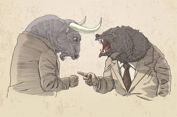 Bull en bear voor handelaar, in sepia — Stockvector
