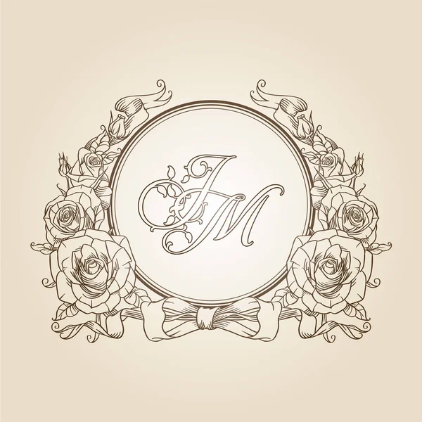 Elegante florale Kontur-Monogramm-Vorlage für ein oder zwei Buchstaben. Hochzeitsmonogramm. Geschäftszeichen, Monogrammidentität für Restaurant, Boutique, Hotel, Wappentier, Schmuck. — Stockvektor