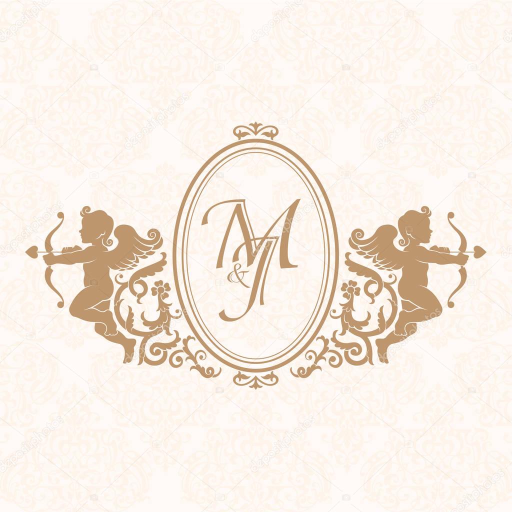 Elegant floral contour monogram design template with cupids for one or two letters. Wedding monogram. Business sign, monogram identity for restaurant, boutique, hotel, heraldic, jewelry.