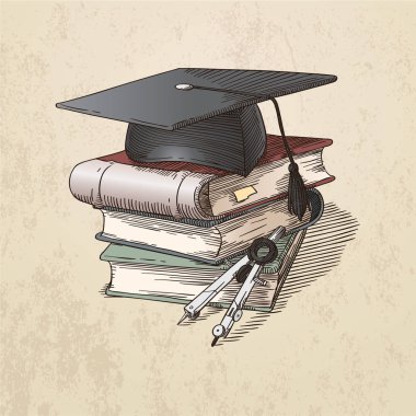 Vektör çizim kare akademik bir kap, bir yığın kitap ve bölücü aracı ile. Gravür tarzında, Sepya.