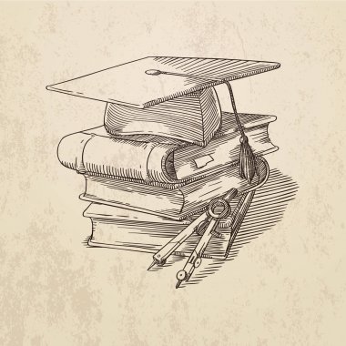 Vektör kontur çizim kare akademik bir kap, bir yığın kitap ve bölücü aracı ile. Gravür tarzında, Sepya.