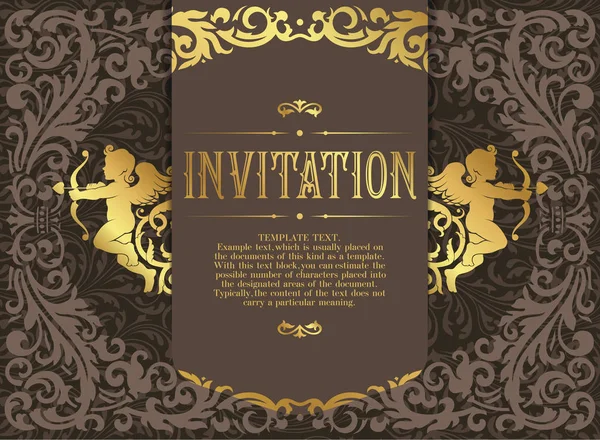 Invitation rétro ou carte de mariage avec fond damassé et élégants éléments floraux et silhouettes de deux cupides — Image vectorielle