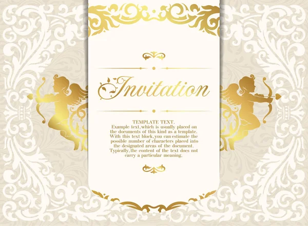 Retro inbjudan eller bröllop kort med damast bakgrund och eleganta blommiga inslag och silhuetter av två cupids Royaltyfria Stockvektorer