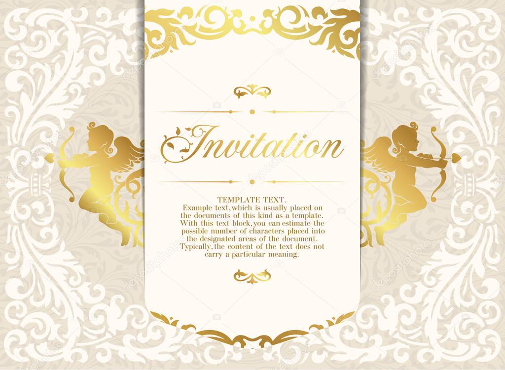 Retro Invitation or wedding card with damask background and elegant floral elements and silhouettes of two cupids