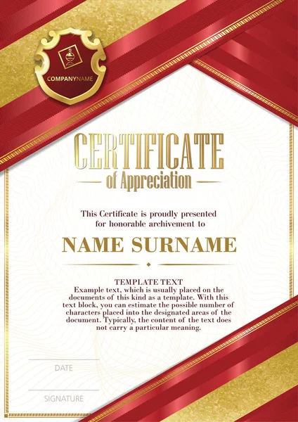 Template of Certificate of Appreciation with badge and with red and gold ribbons Vector Graphics