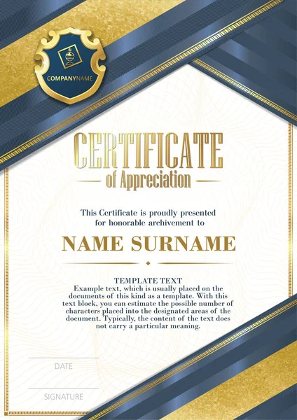 Template of Certificate of Appreciation with badge and with blue and gold ribbons Stock Vector