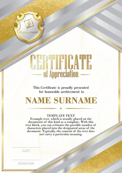 Template of Certificate of Appreciation with badge and with silver and gold ribbons Royalty Free Stock Illustrations
