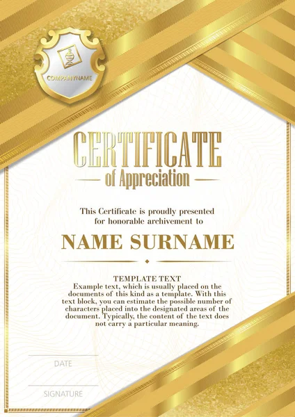 Template of Certificate of Appreciation with badge and with gold ribbons Royalty Free Stock Vectors