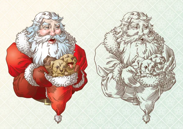 Jultomten och valparna i gravyr stil och färger Royaltyfria illustrationer