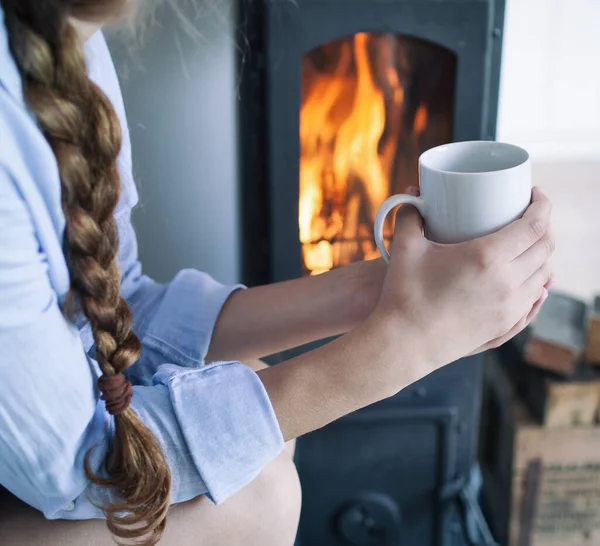 Junge Brünette Frau Sitzt Kamin Einer Holzhütte lizenzfreie Stockfotos