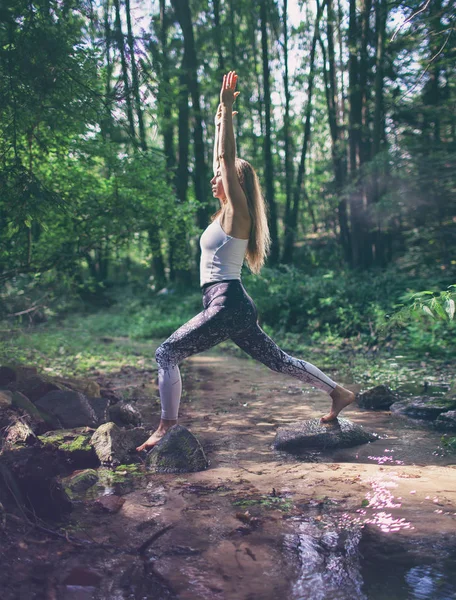 Frau Wald Steht Auf Dem Bachfelsen Und Praktiziert Yoga Wellness Stockbild