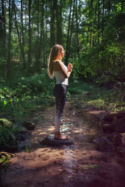 Frau Wald Steht Auf Dem Bachfelsen Und Praktiziert Yoga Wellness lizenzfreie Stockbilder