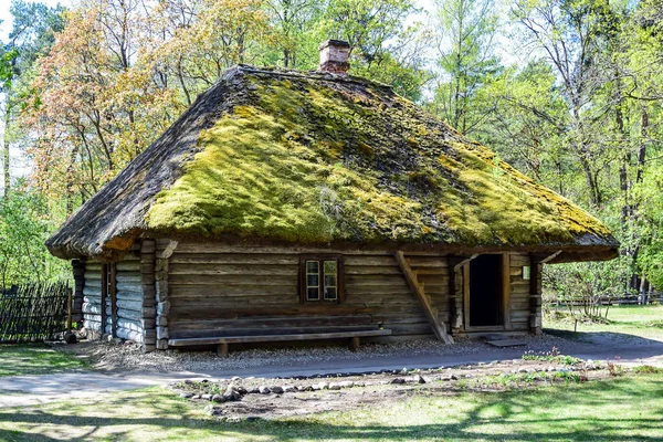Old wooden house with a roof of green moss. — Stockfoto