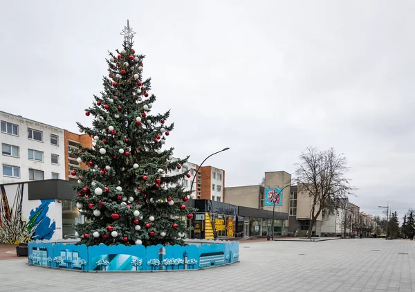Kırmızı ve beyaz toplarla süslenmiş Noel ağacı.