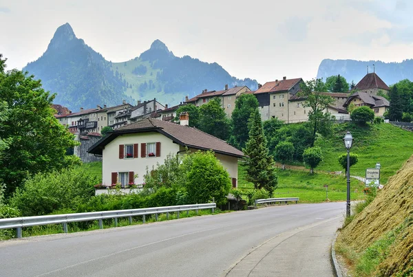 Gruyeres, İsviçre - Kahverengi çatıları, kaldırımları ve yolları olan evler, ağaçlı yeşil çimenler, arka plandaki dağlarla kaplı ormanlar, açık gökyüzü, yaz öğleden sonra.