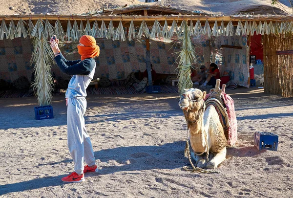 Dahab, Sina Yarımadası, Mısır - 02.24.2020: Eşofmanlı ve turuncu arafatkalı bir kız, bir safari turu sırasında Bedevi köyündeki bir deveye karşı selfie çeker..