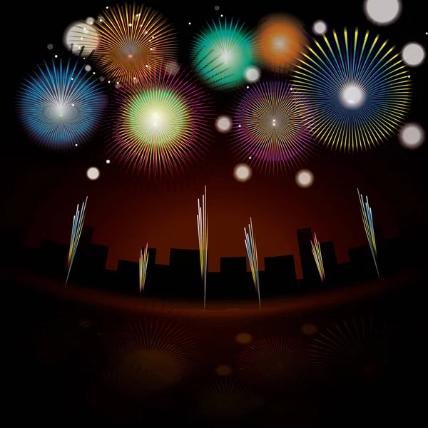 Fireworks in downtown at night — Stock Vector