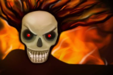 Korkunç bir illüstrasyon. Ateşli bir arka planda cadı.