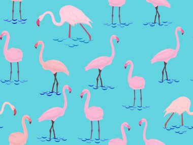 Pembe flamingo kuşları mavi arka planda kusursuz desen.