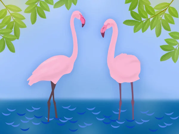 Rysunek. Dwa flamingi w stawie pod zielonymi drzewami. — Zdjęcie stockowe