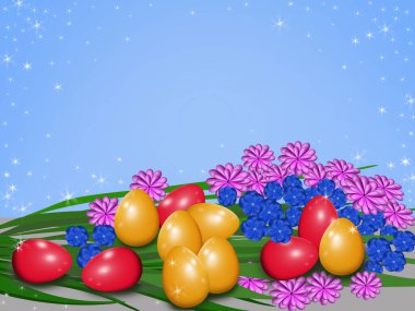 Turuncu zemin üzerinde kırmızı ve sarı paskalya yumurtaları ve çok renkli çiçekler..