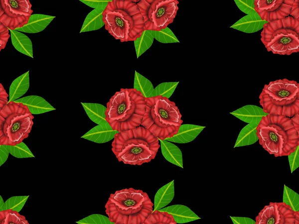 Padrão Floral Sem Costura Com Flores Vermelhas Folhas Verdes — Fotografia de Stock