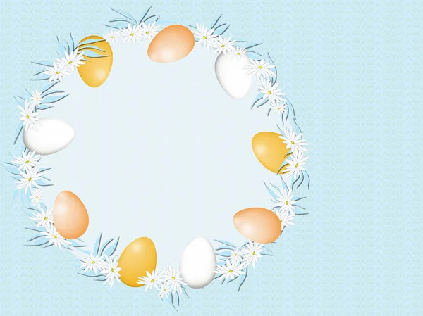 Στεφάνι Από Αυγά Και Λευκά Λουλούδια Μπλε Φόντο — Φωτογραφία Αρχείου