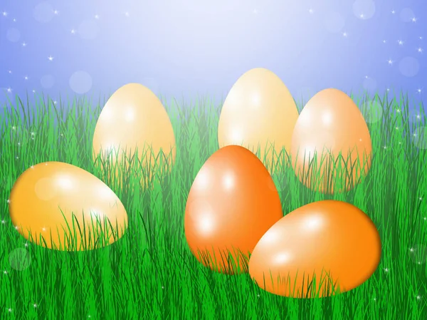 Πασχαλινά Αυγά Ένα Πράσινο Γρασίδι Φόντο Του Ανατέλλοντος Ήλιου — Φωτογραφία Αρχείου