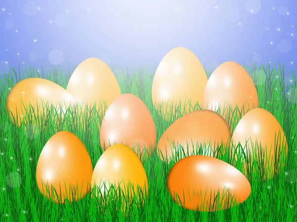 Easter Eggs Grass Blue Background — Stock Photo, Image