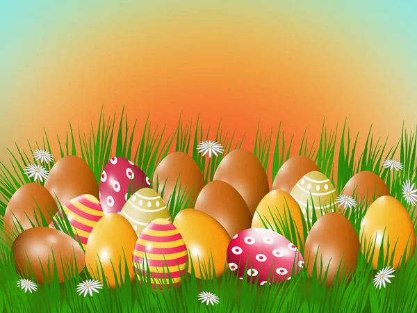 Easter Eggs Green Grass Background Rising Sun — Stock Photo, Image