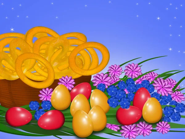 Κόκκινα Και Κίτρινα Πασχαλινά Αυγά Πορτοκαλί Φόντο Πολύχρωμα Λουλούδια — Φωτογραφία Αρχείου