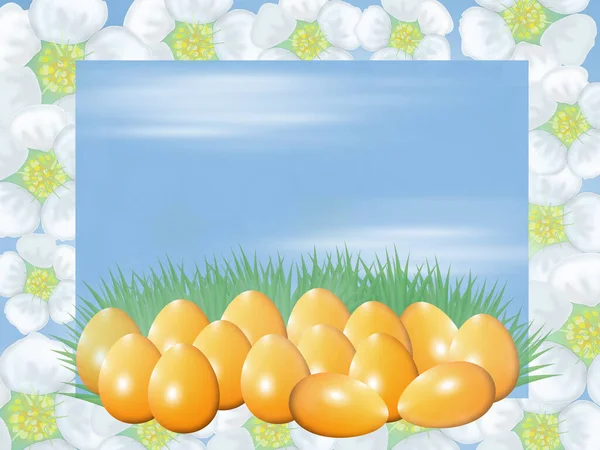青い背景に卵を持つイースターカード — ストック写真