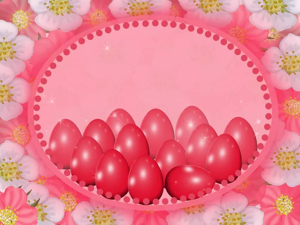 Easter Eggs Delicate White Flowers Red Background — Stock Photo, Image
