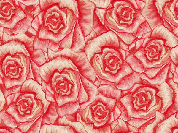 Seamless pattern with pink roses. Oil painting.