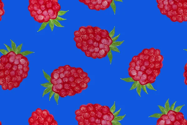 Oil painted raspberry berries on a blue background. Seamless pattern.