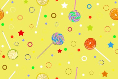 Sarı arka planda lolipopları olan kusursuz desen..