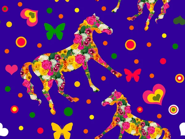 Бесшовный Узор Лошадьми Цветов — стоковое фото