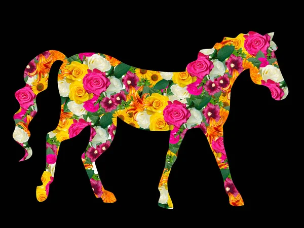 Een Paard Bestaande Uit Bloemen Een Zwarte Achtergrond — Stockfoto