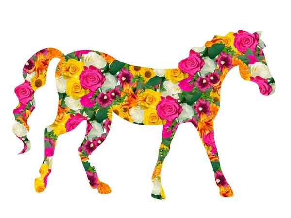 Een Paard Bestaande Uit Bloemen Witte Achtergrond — Stockfoto