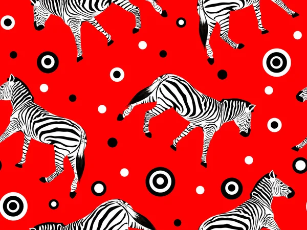 红色背景上有黑白斑马的无缝图案 — 图库照片