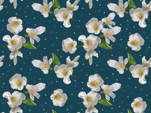 Seamless Pattern White Daffodils Green Foliage Blue Background — Stock Photo, Image