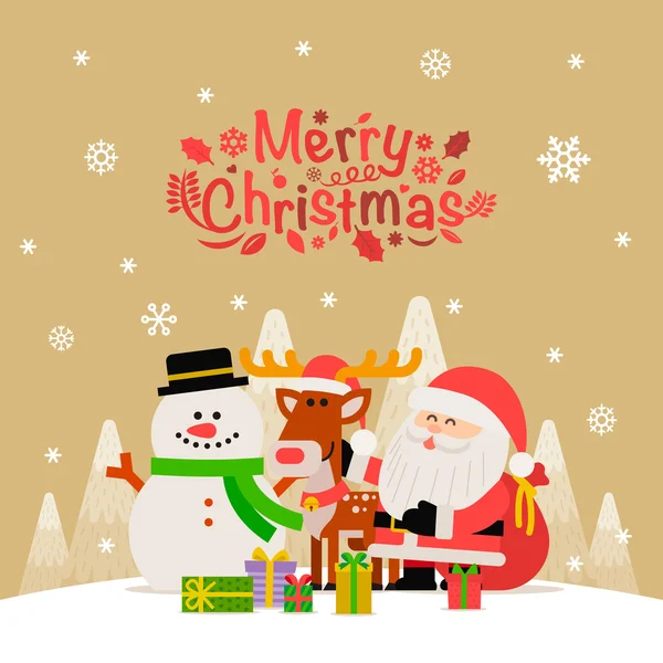 Feliz Santa Claus con muñeco de nieve y renos — Vector de stock