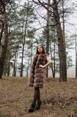 Kürk giymiş bir ormanda çok güzel bir kız portresi