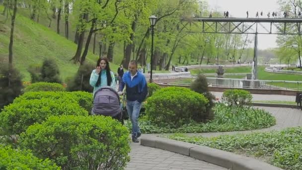 Evli bir çift ile bir bebek arabası ve görüşmeler bir parkta yürüyor — Stok video