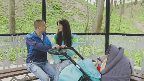 Ehepaar spaziert mit Kinderwagen in Park und spricht — Stockvideo