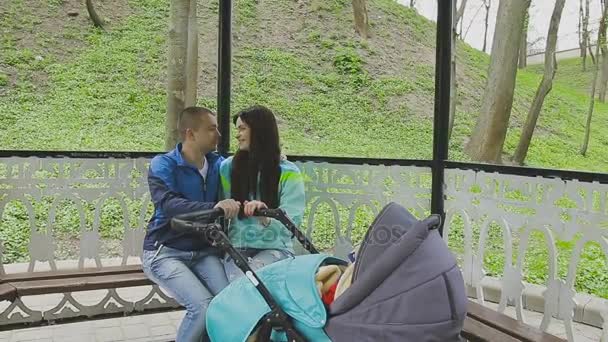 Una pareja casada camina en un parque con un cochecito y habla — Vídeos de Stock