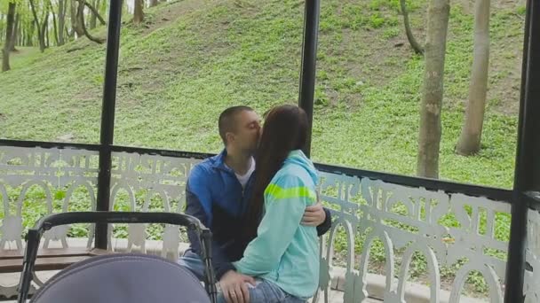 Una pareja casada camina en un parque con un cochecito y habla — Vídeos de Stock