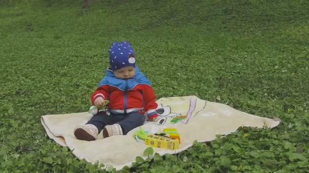 L'enfant joue sur l'herbe verte — Video